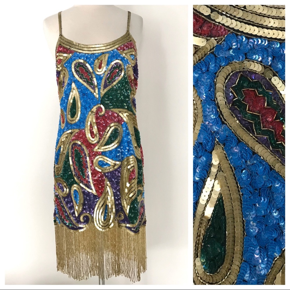 VTG Tan Chho Sequin Flapper Embellished Dress L